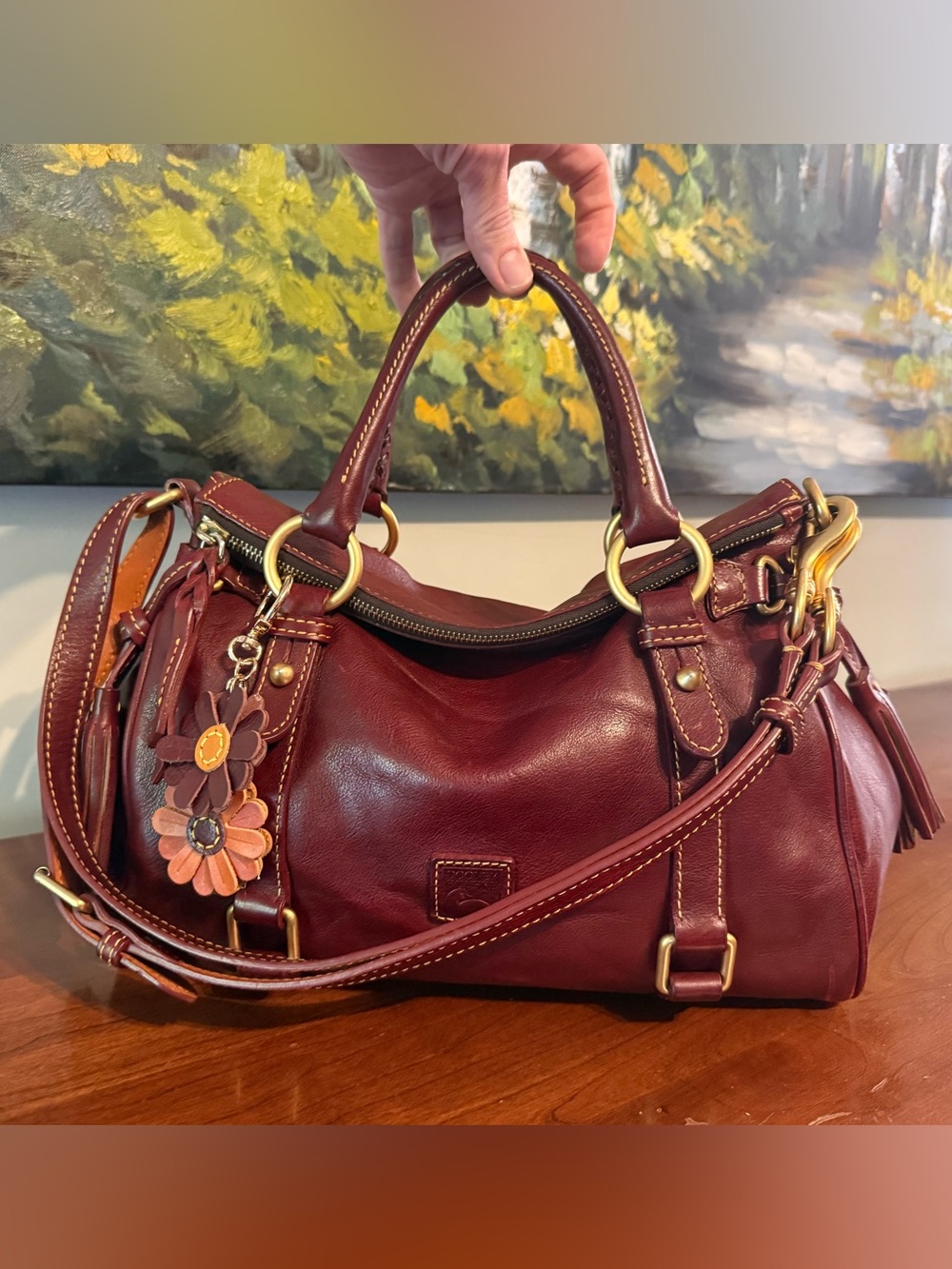 Dooney & Bourke Florentine Leather Satchel Shoulder Bag, “Crimson” Bordeaux Red